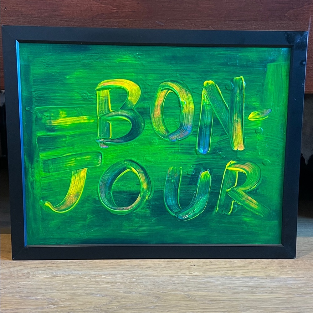 Green and Yellow 'Bonjour' Framed Acrylic Painting